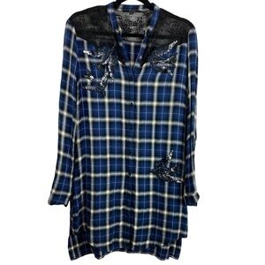 Guess Blue and Black Plaid Tunic with Lace Detail